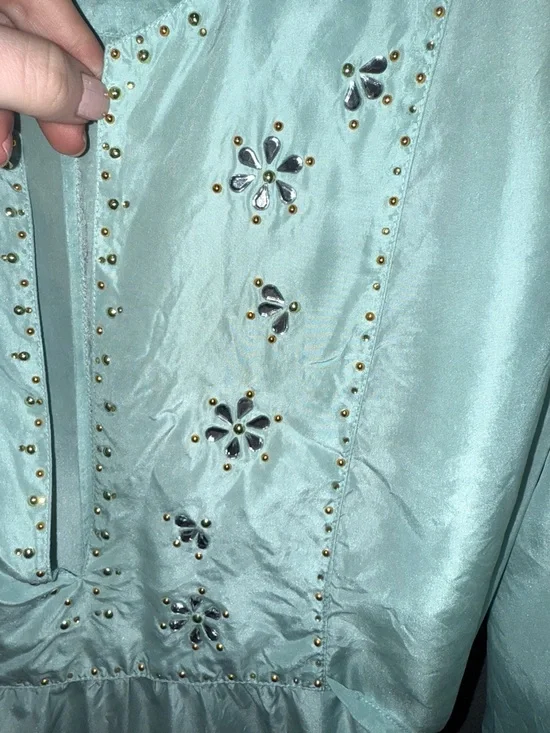 Victoria's Secret Silk Light blue nightgown, flower rhinestones, plunging V-Neck - Picture 5 of 8